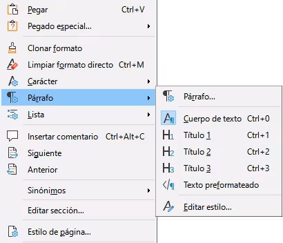 Menú contextual Párrafo