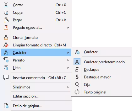 Menú contextual Carácter