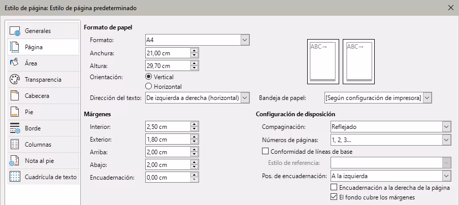 Diálogo Estilo de página
