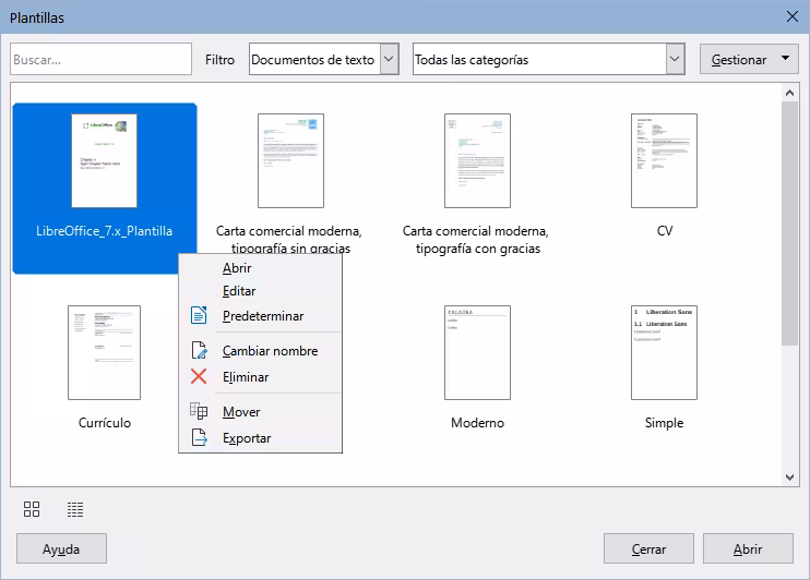 Diálogo Plantillas, vista miniaturas