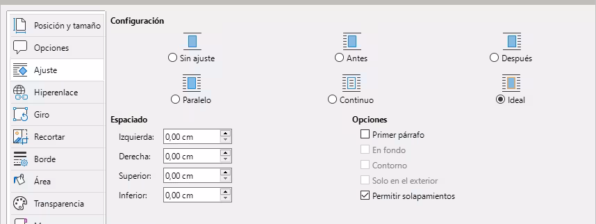 Opciones avanzadas de ajuste