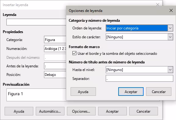 Opciones para la numeración de leyenda