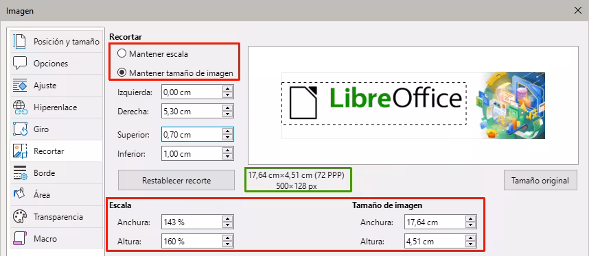 Resultado utilizando la opción Mantener tamaño de imagen