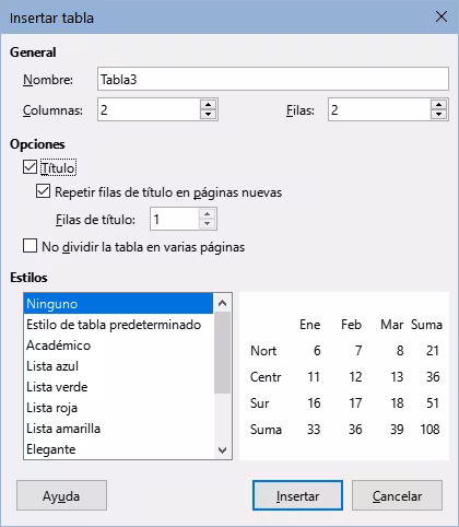 Diálogo Insertar tabla