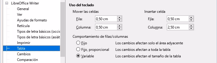 Uso del teclado para modificar columnas y filas de la tabla