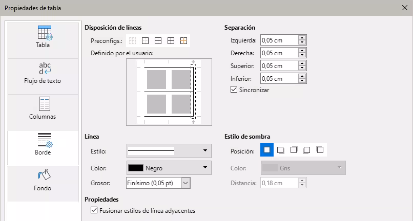 Diálogo Propiedades de tabla: página Borde