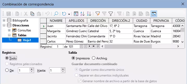 Diálogo Combinación de correspondencia