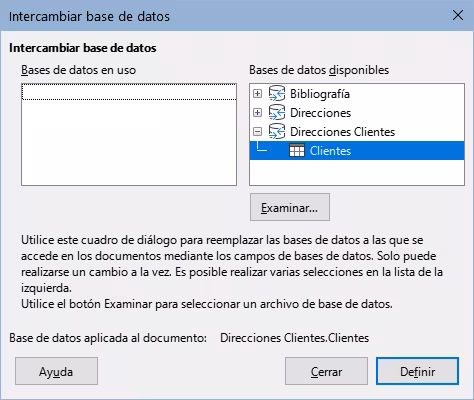 Diálogo Intercambiar base de datos.