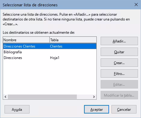 Diálogo Seleccionar lista de direcciones