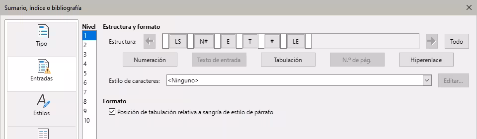Página Entradas del diálogo Sumario, índice o bibliografía