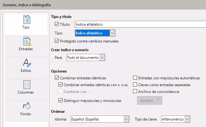 Página Tipo para un índice alfabético