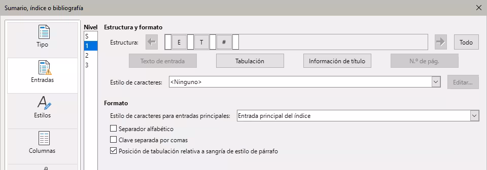 Página Entradas para un índice alfabético