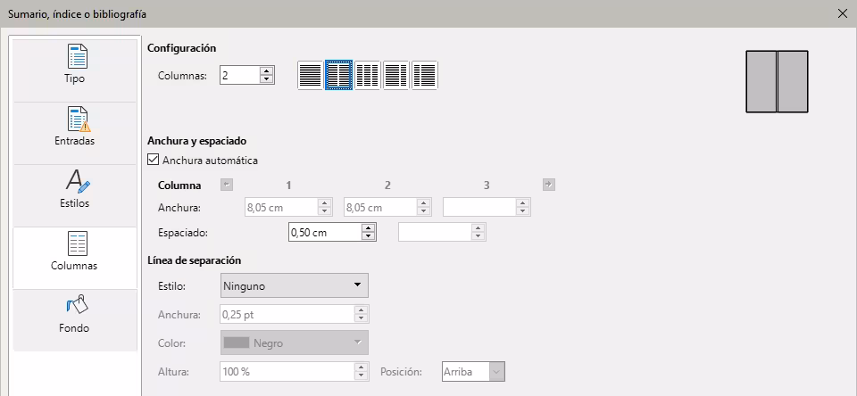 Página Columnas del diálogo Sumario, índice o bibliografía