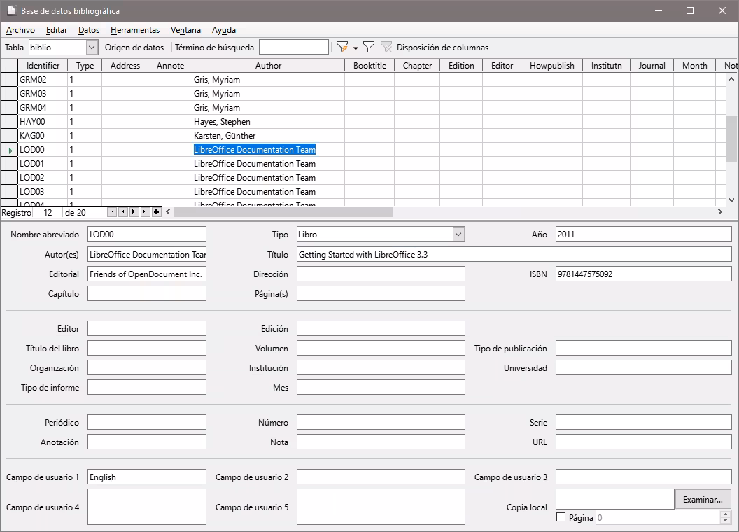 Ventana principal de la Base de datos de bibliografía