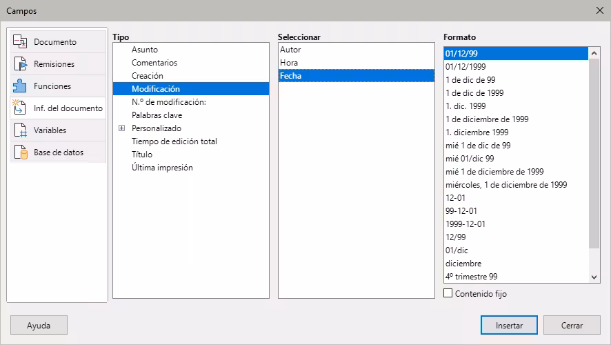 Página Inf.del documento del diálogo Campos 