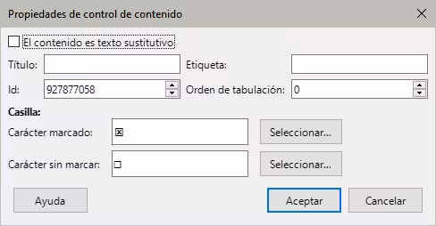 Diálogo Propiedades de control de contenido