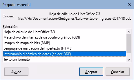 Diálogo Pegado especial en Writer, con enlace DDE seleccionado