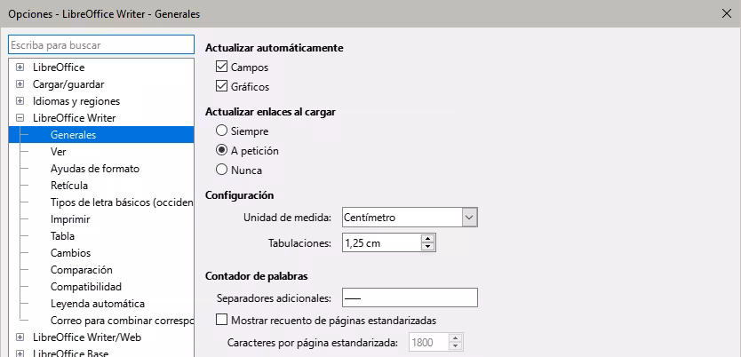 Opciones generales para Writer
