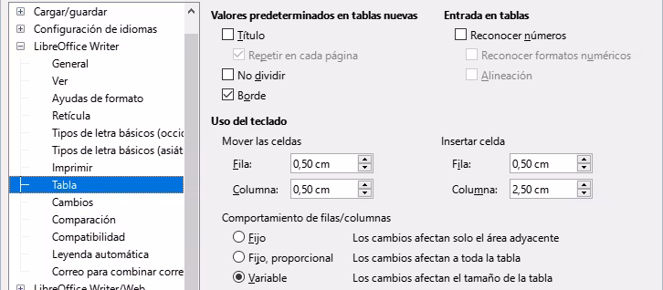 Opciones para tablas