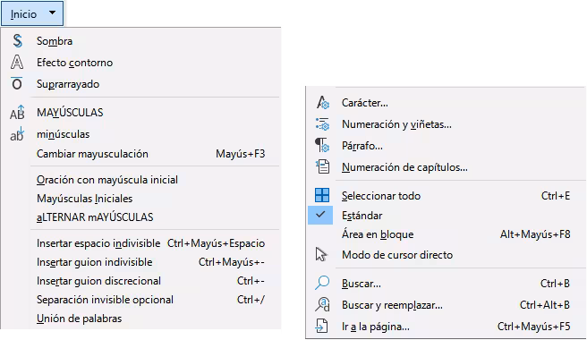 Menú de la pestaña Inicio