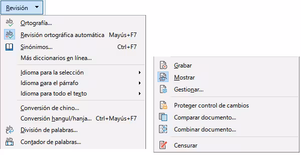 Menú de la pestaña Revisión