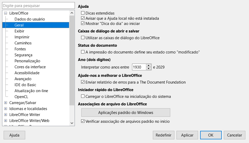 caixa de diálogo Opções do LibreOffice