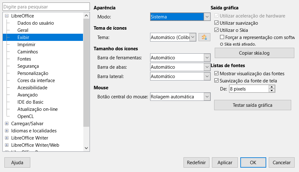 Caixa de diálogo Exibir das opções do LibreOffice