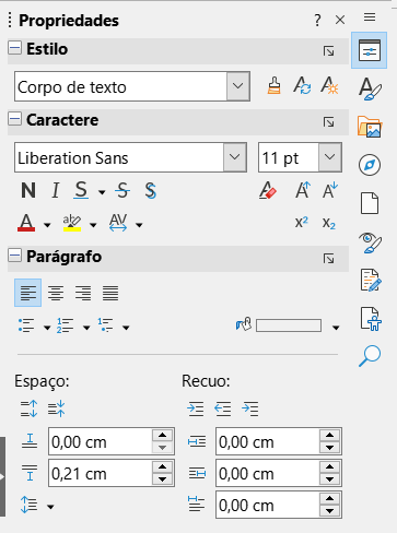 Exemplo de deque de Propriedades na barra lateral do Writer