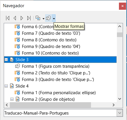 Exemplo da caixa de diálogo do Navegador do Impress