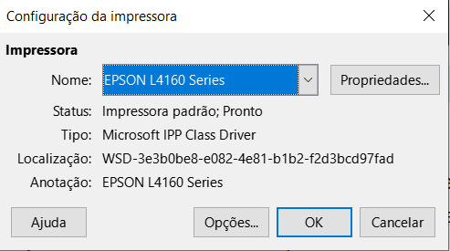 Exemplo de uma caixa de diálogo de Configuração da Impressora