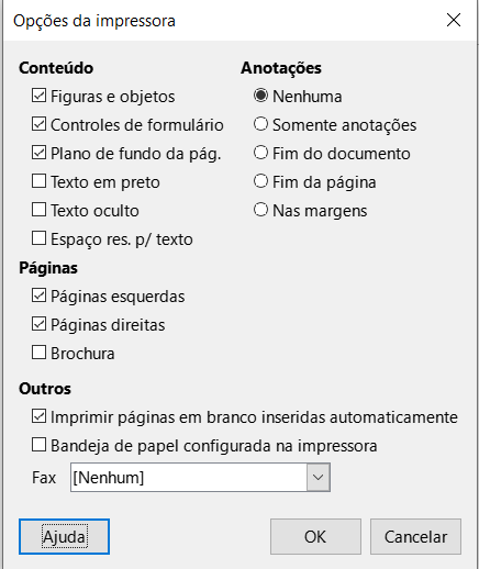 Exemplo de caixa de diálogo Opções da Impressora