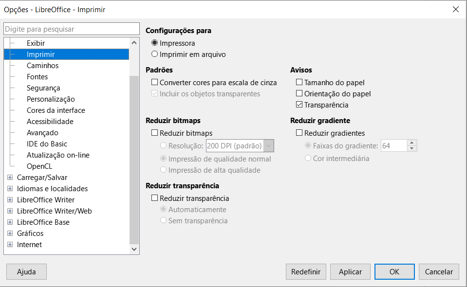 Caixa de diálogo Opções-LibreOffice-Imprimir