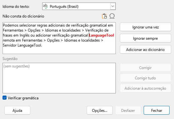caixa de diálogo Ortografia