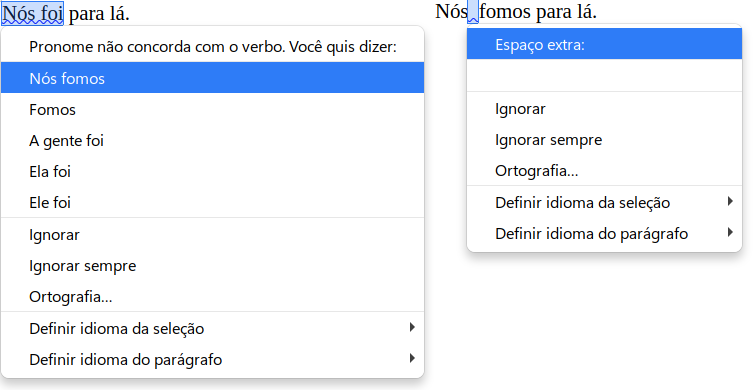 menu de contexto para erros gramaticais