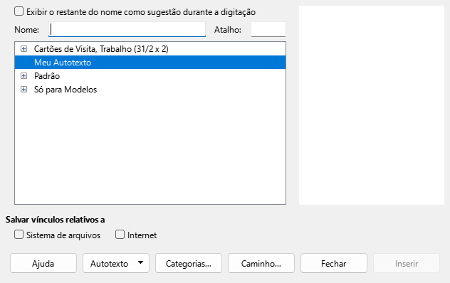 criar uma entrada de Autotexto
