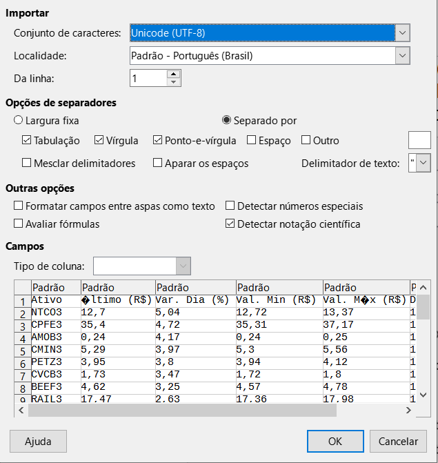 Caixa de diálogo Importação de texto