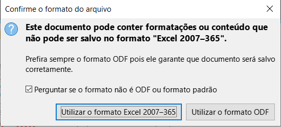 Caixa de diálogo Confirme o formato de arquivo