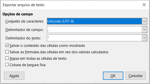 Caixa de diálogo Exportar arquivo de texto para arquivos CSV