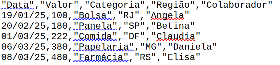 Arquivo CSV contendo valores brutos e calculados