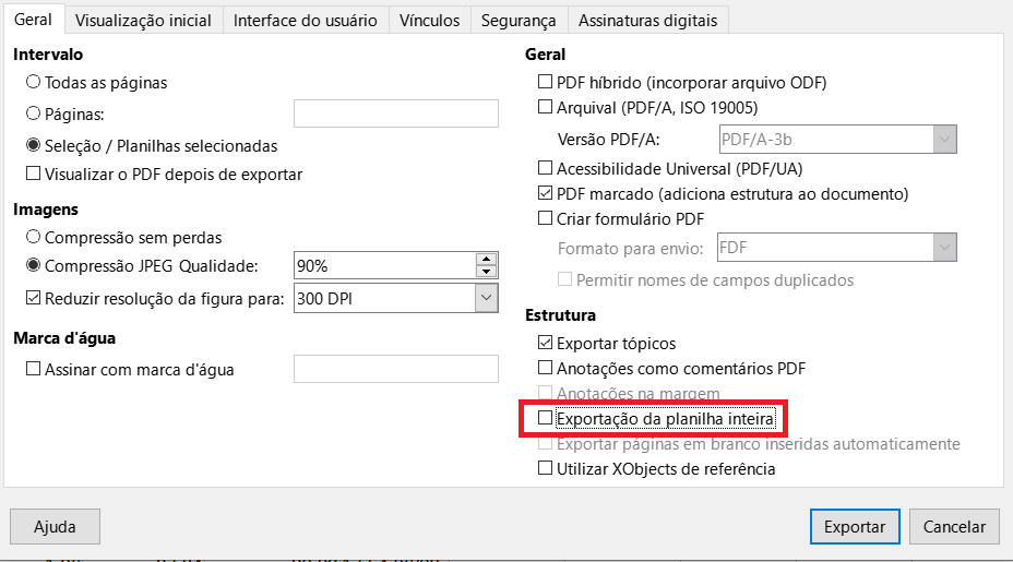 Exportar planilhas como uma página em PDF
