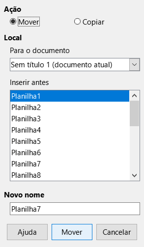 Caixa de diálogo Mover/Copiar planilha