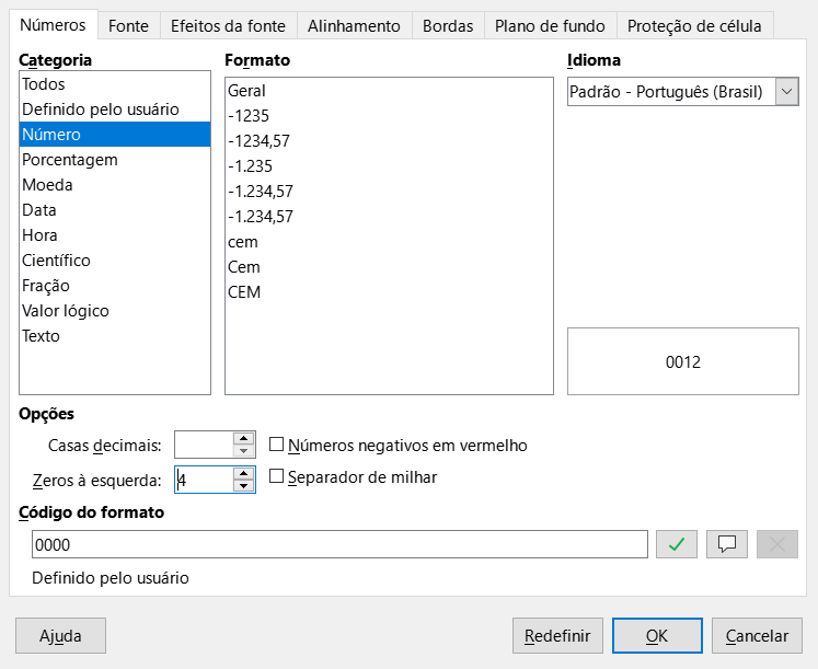 Caixa de diálogo Formatar células – aba Números