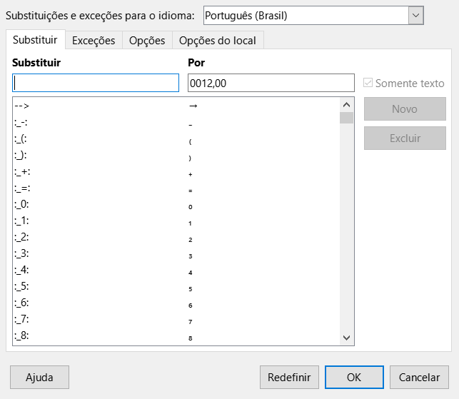 Caixa de diálogo Autocorreção