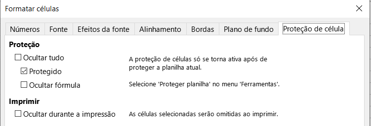 Aba Proteção de células na caixa de diálogo Formatar células