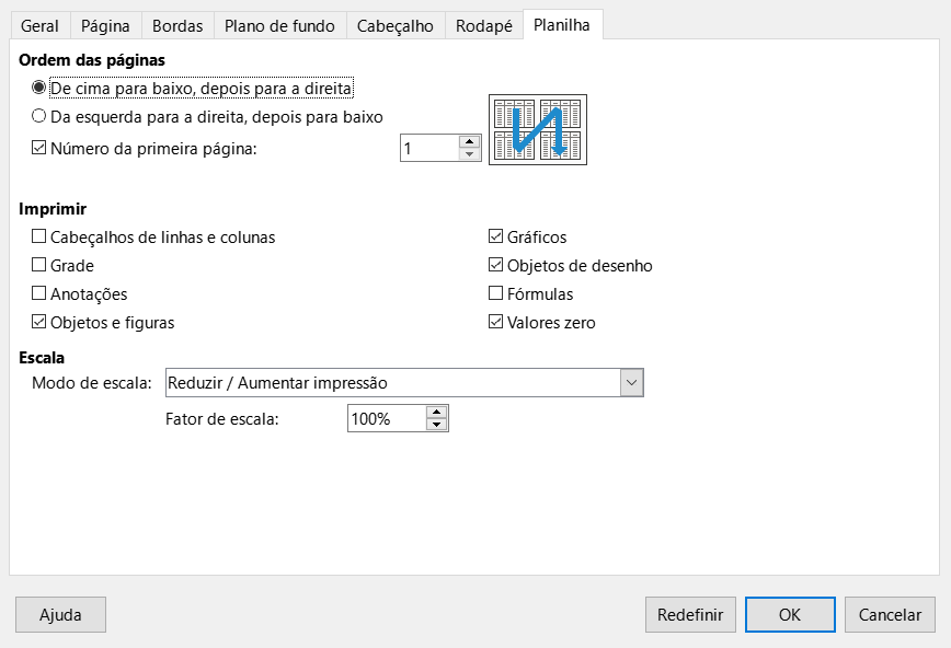 Caixa de diálogo Estilo de página – aba planilha