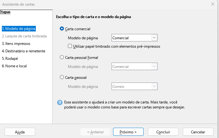 caixa de diálogo do Assistente de cartas