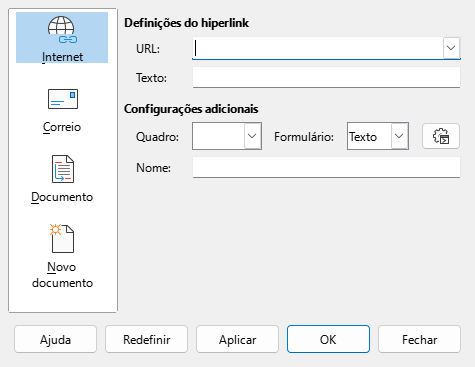 caixa de diálogo Hiperlink — página da Internet