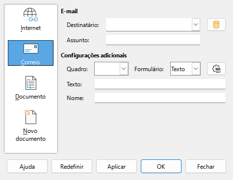 caixa de diálogo Hiperlink — página Correio