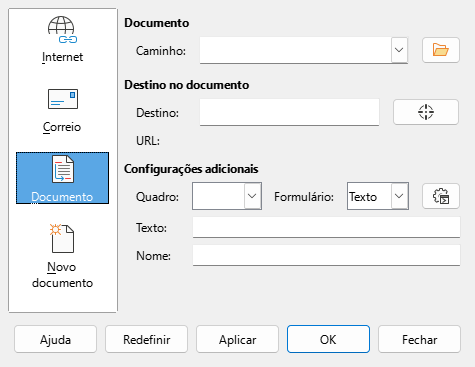caixa de diálogo Hiperlink — página Documento