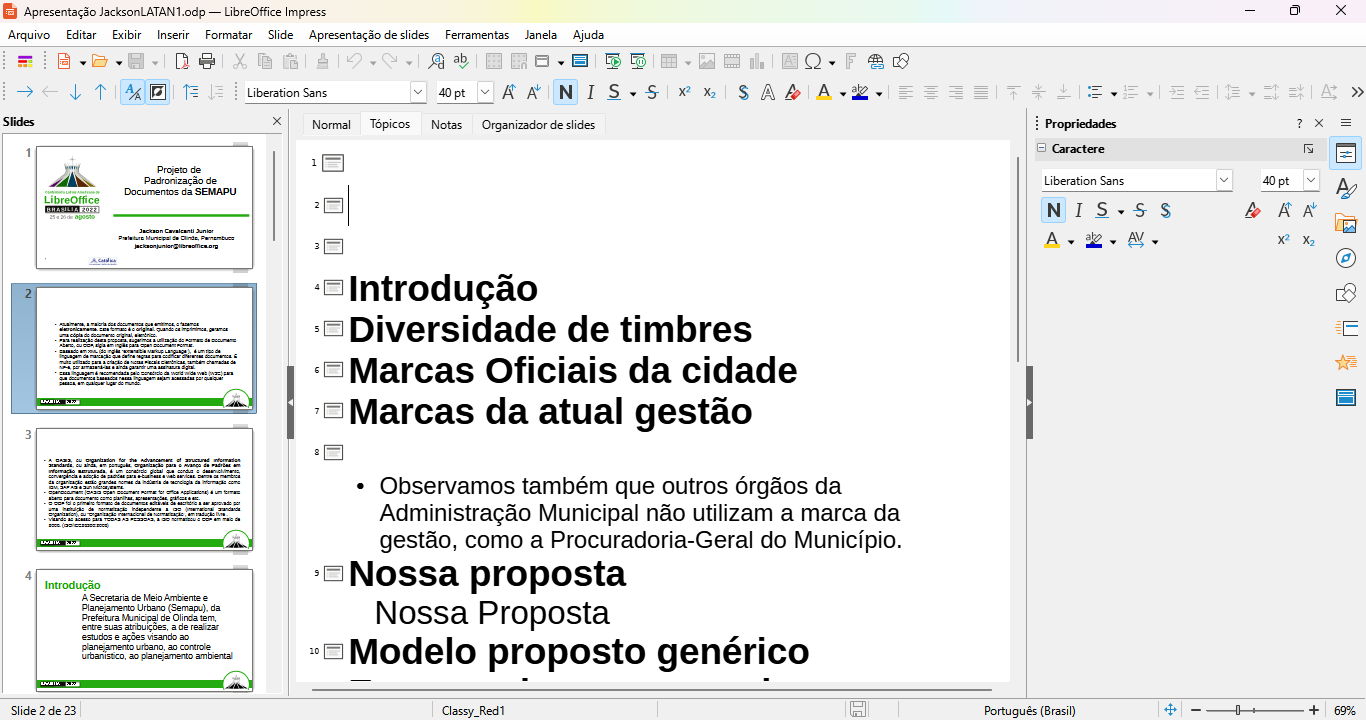 exemplo da exibição Estrutura de tópicos no Espaço de trabalho